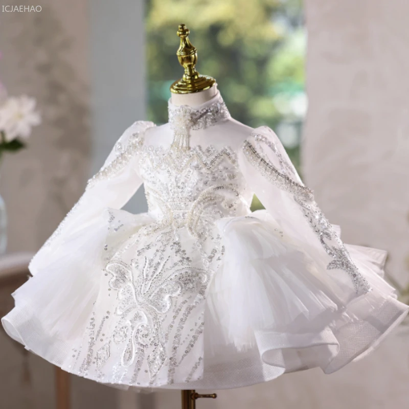 

Вечернее платье принцессы с длинными рукавами для девочек, пышное бальное платье из тюля для выступлений, вечернее платье с цветочным узором для девочек на свадьбу, день рождения, фортепиано