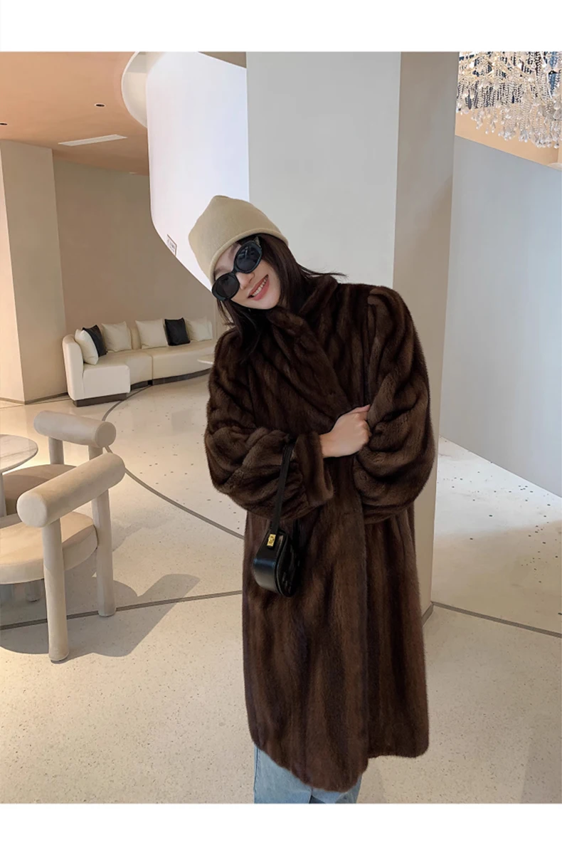 Lautaro Winter Long Brown Thick Warm Soft Faux Mink Fur Coat Women Puff Sleeve Elegant Luxury Chic Fluffy Furry Overcoat 2023