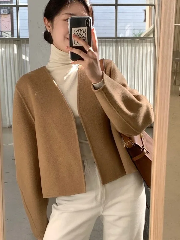 

Женское шикарное шерстяное пальто V-Ne для похудения Lazy Sle, повседневное, осенне-зимнее, модная верхняя одежда, чистый цвет, oulder-Le...