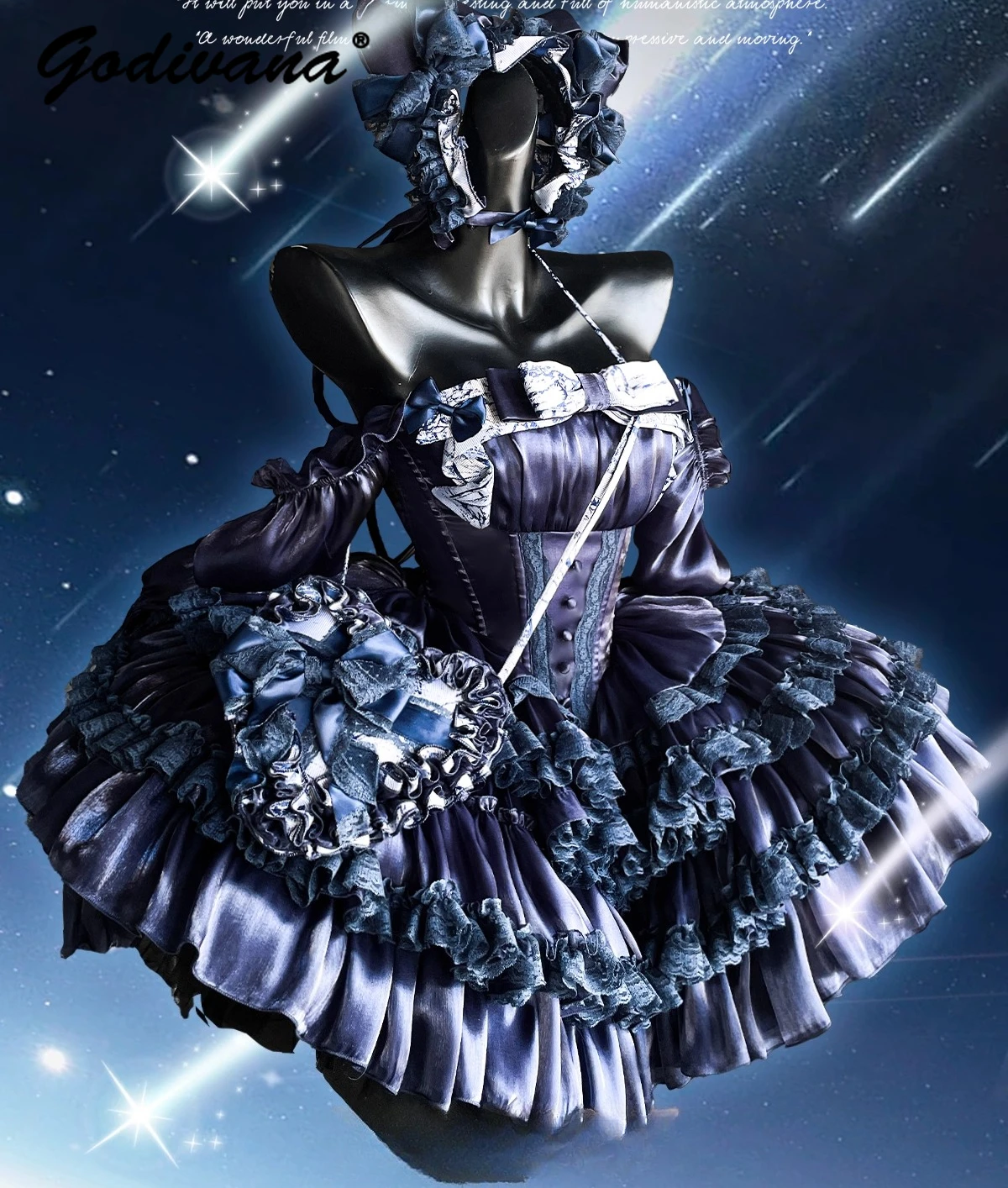 Originele marineblauwe Lolita prinsessenjurk meisjes dames zoete off-shoulder lange mouw slanke verjaardagsfeestje taartjurken
