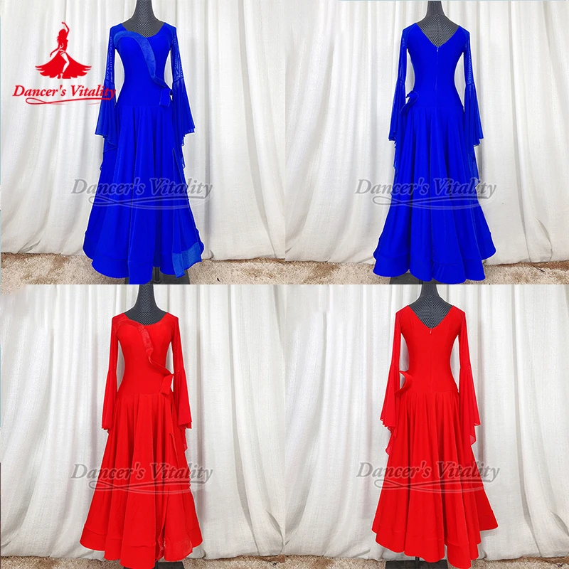 

Синие сетчатые платья Foxtrot с расклешенными рукавами, тренировочные платья, женская красная тренировочная одежда для бальных танцев, жизненная танцовщица на заказ