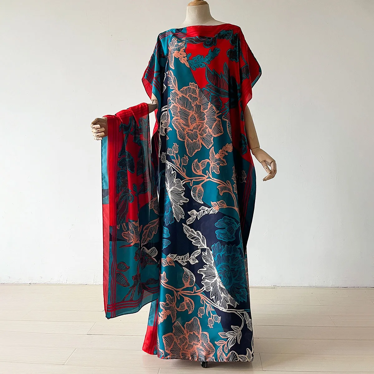 Women Dress Color-matched Floral Multi-purpose Long Robe Headscarf Set for Lady Vacation Travel Two-piece Long Robe Turban Suit