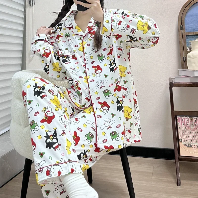 Sanrio Hello Kitty Silk Pajamas Women\'s Autumn Cotton Long Sleeve Casual Home Women\'s Pajamas Homewear Pajamas Pants Set