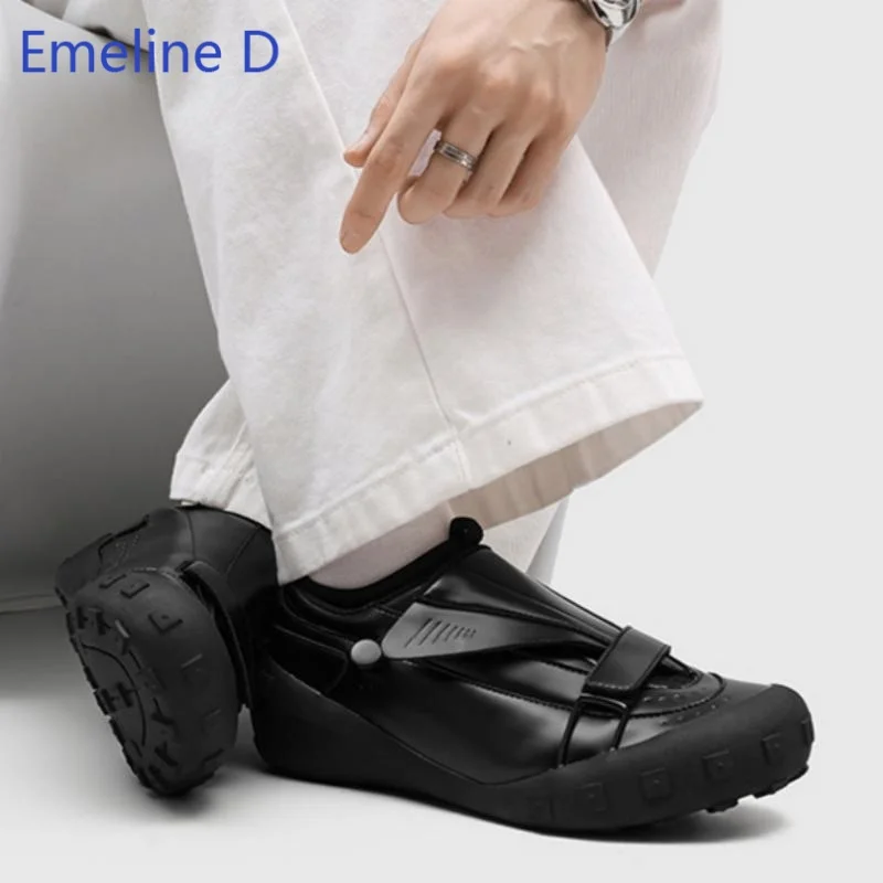 Round Toe Platform Sneakers Mirror Gloss Leather Single Wide Adjustable Velcro Band Geometric Seam Panels Daily Travel Footwear