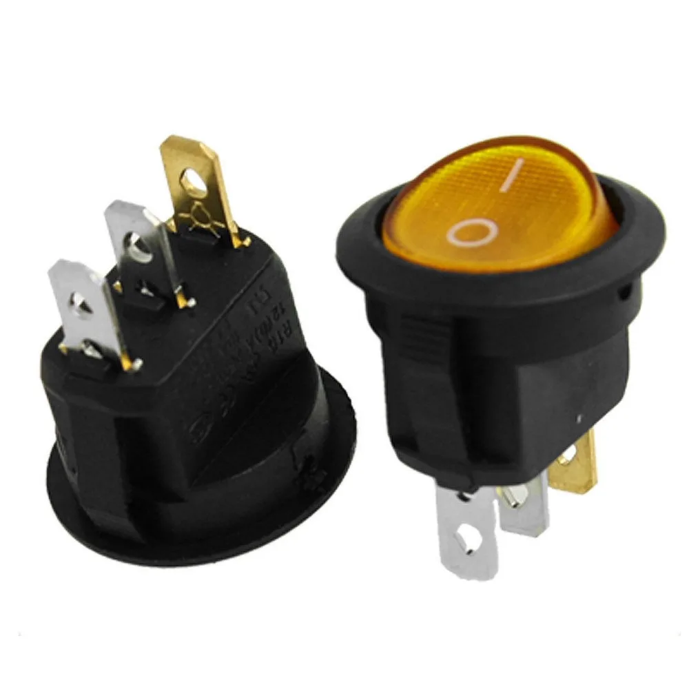 6A/250V 10A/125V Yellow Light SPST ON/OFF 2 Position Round Rocker Switch 3 Pins