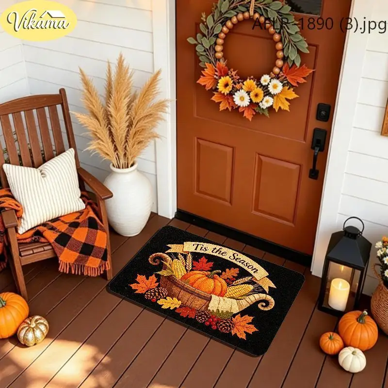 VIKAMA Thanksgiving Doormat Cornucopia Pumpkin Corn Maple Leaf, Black Welcome Mat Tis the Season, Non Slip Entrance Rug