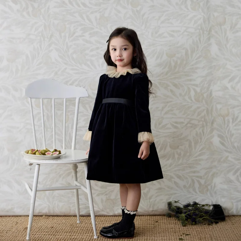 

Girls Autumn and Winter Dress Black Hepburn Dress Velvet Long Sleeve Mesh Ruffle Collar Dress Dress