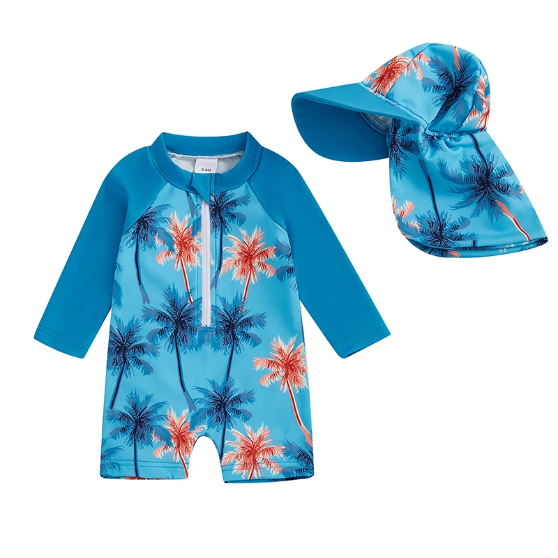 Toddler Boys Rash Guard Swimsuit Coconut Tree Print Long Sleeve Zip Bathing Suit with Swim Cap