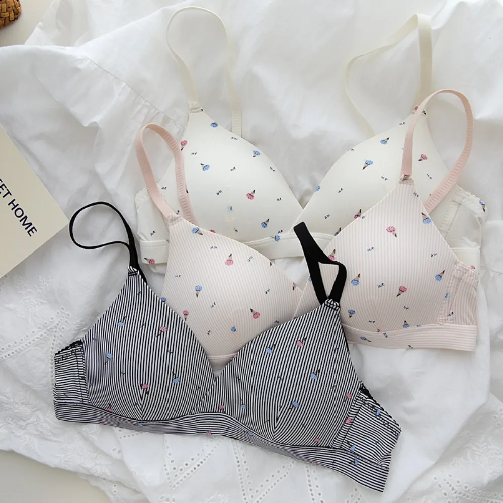 New Polyamide Thin Unwired Bra Breathable Cute Floral Thin Bra Steel Frameless Cartoon Floral Breathable Bra Women