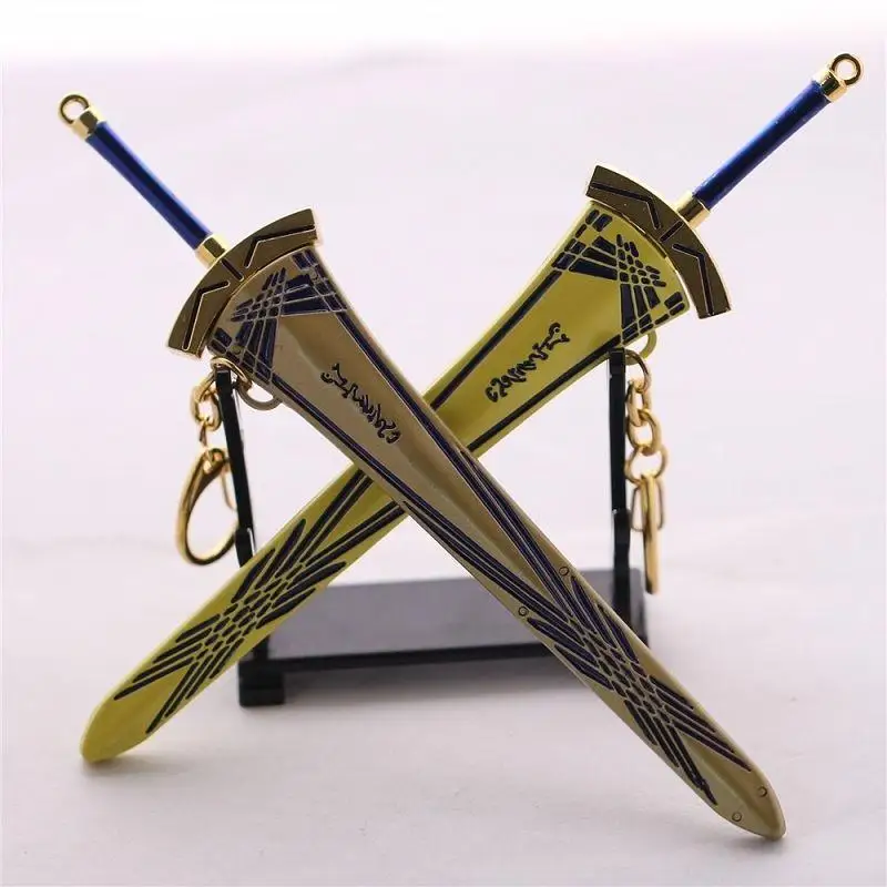 Fantasy Medieval Sword Zinc Alloy Model Keychain With Display Stand Unsharpened Blade Decorative Ornament Anime Game Weapon