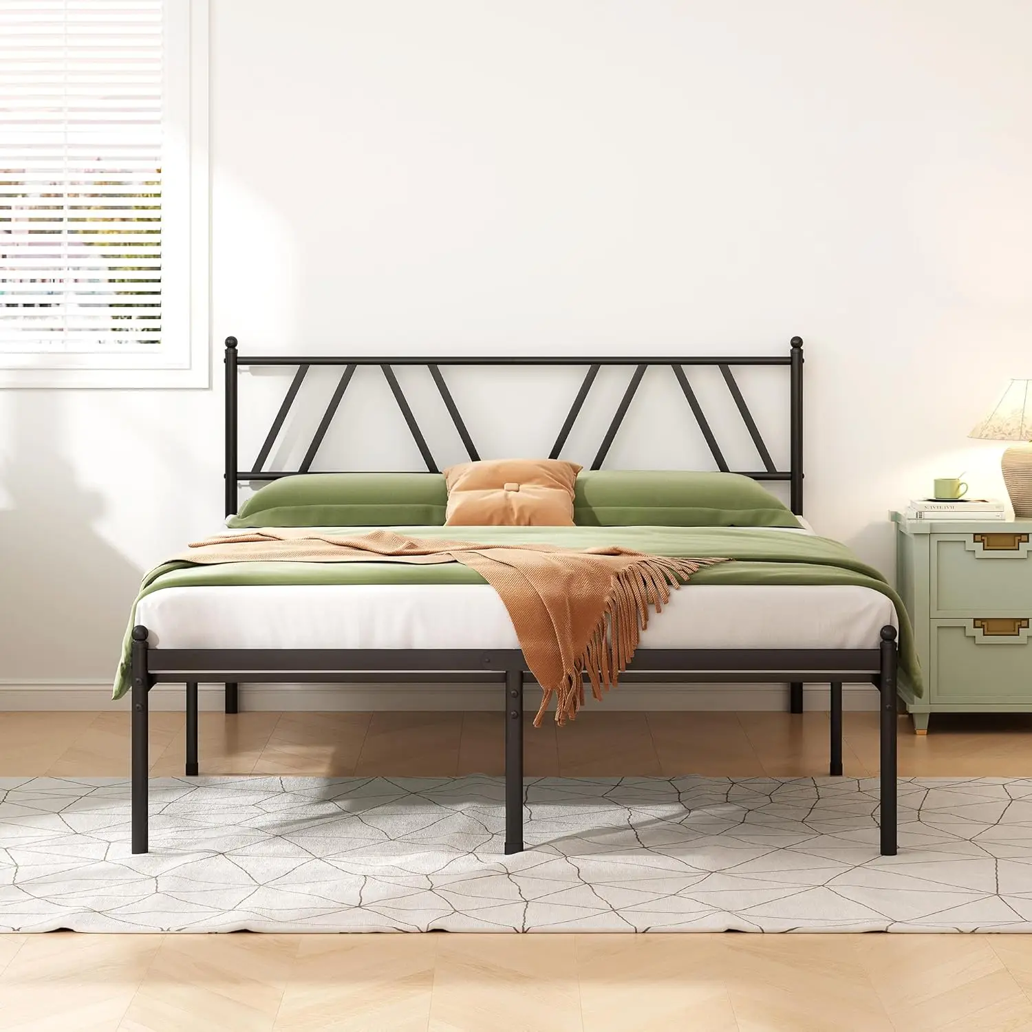 

Metal Platform Bed Frame with Headboard, 14 Inches Queen Bed, No Box Spring Needed, Steel Slat Support, Black, Easy Assembly