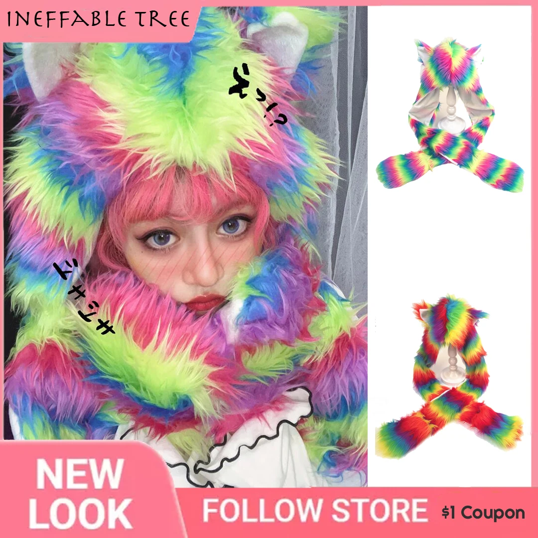 Y2K Millennial Hottie Japanese Harajuku Rainbow Fur Faux Fur Hooded Cat Ear Scarf Scarf Gloves Chapeus Feminino Bomber Gorras