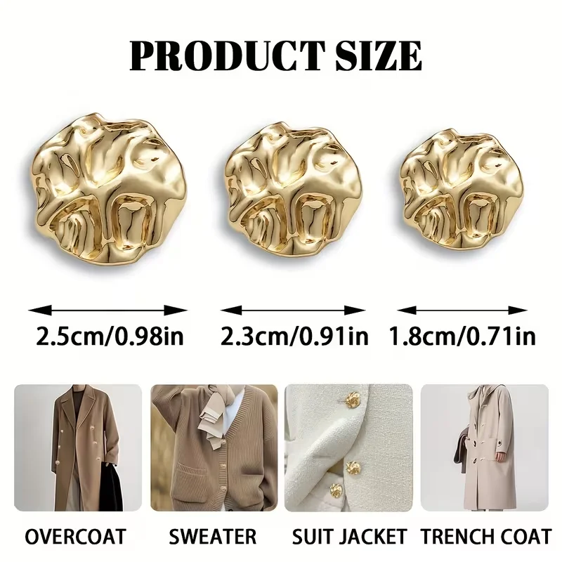 Ein Set mit 10 einzigartigen goldenen Knöpfen in den Größen 18 mm, 23 mm und 25 mm, geeignet für die Verwendung in der Bekleidungsindustrie, für Dekorationen und für Bastelprojekte. – Detail 4