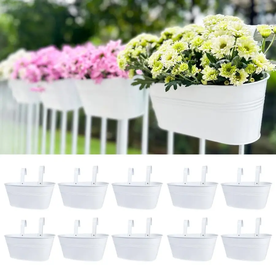 

Набор из 10 уличных кашпо для перил, 9,8 дюйма, маленькие и милые, белые, металлические, железные, подвесные цветочные горшки для перил, ограждений, заборов, в деревенском стиле