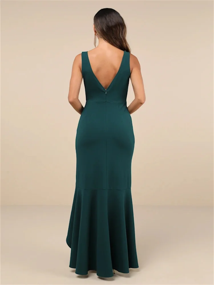 Customized Emerald Pleated Ruffled Asymmetric Dress Deep V-neck Skirt Pleated Waist Ruffle Extending To Skirt Evening Dress