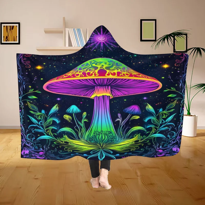 Cozy Bohemian Mushroom Hooded Blanket – Soft, Warm, and Vibrant Geometric Design – Perfect for Home Decor, Bed, Sofa