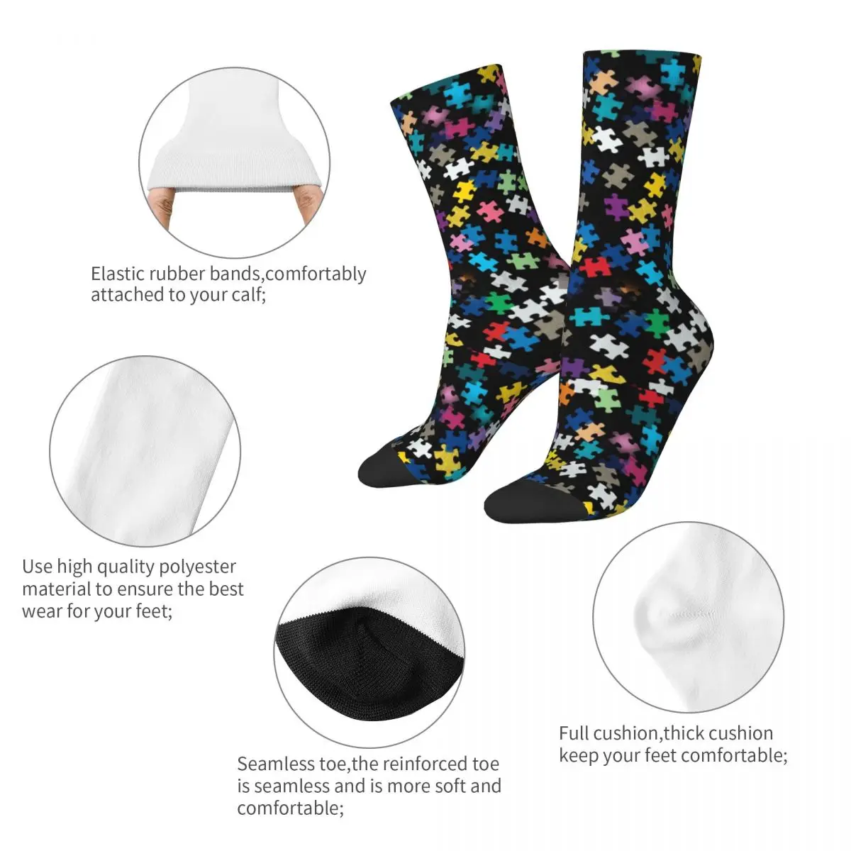 Retro Autism Awareness Puzzle Pattern Basketball Socks Polyester Middle Tube Socks for Unisex