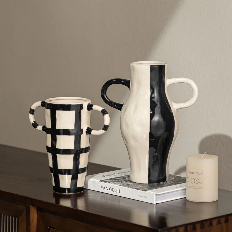 Ceramic Vase Geometric Check Pattern Flowerpot with Handle Flower Arrangement Accessories Terrarium Home Decoration