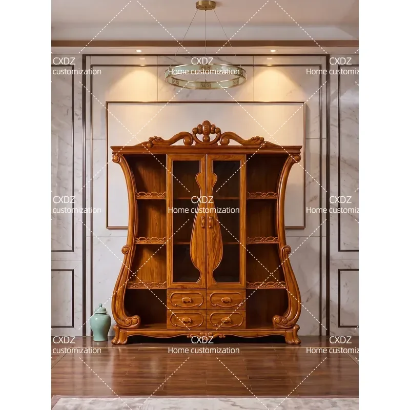 New Chinese Style European Solid Wood Carved Four Door Wine Cabinet Villa Large Flat Level Dining Side Cabinet Rack Locker