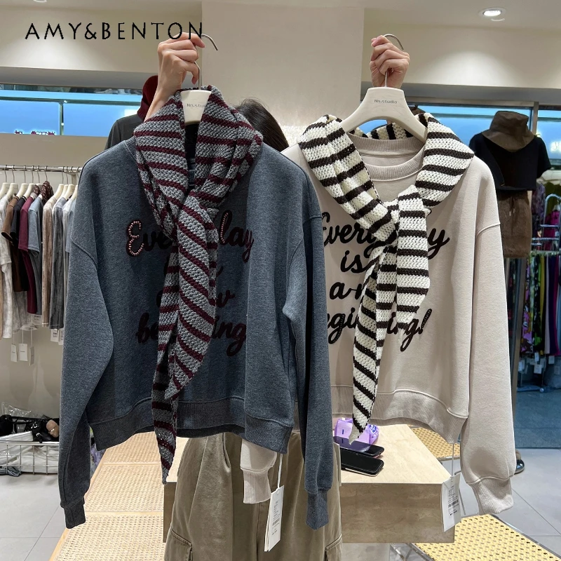 2025 Autumn Winter Women's Crew Neck Sweatshirt With Shawl European Style Letter Embroidery Unique Beautiful Youthful Short Coat