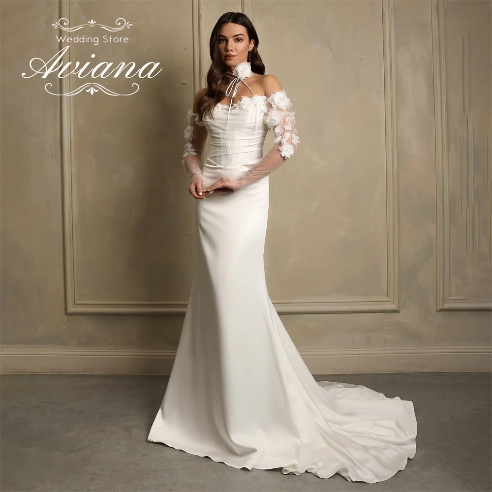 فستان زفاف حورية البحر مزين بالزهور من Aviana مخصص، سويب تراين، طول الأرض، بدون حمالات، أربطة بدون ظهر