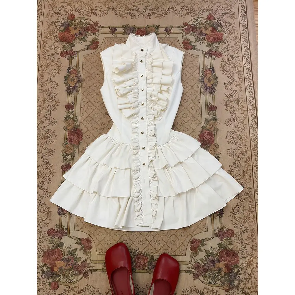 

Summer Gothic Lolita Sleeveless Dress Elegant Front Buckle Ruffle Edge Layered Princess Dress Women's Y2K Retro Daily Casual