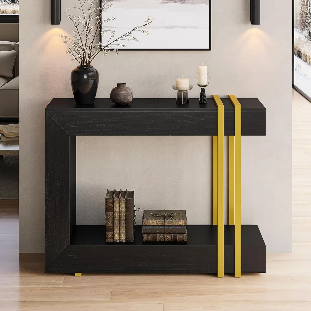 طاولة وحدة تحكم 42.5 خلف الأريكة، طاولة مدخل ضيقة من طبقتين مع مساحة تخزين، طاولات أريكة خشبية للممر/المدخل/غرفة المعيشة