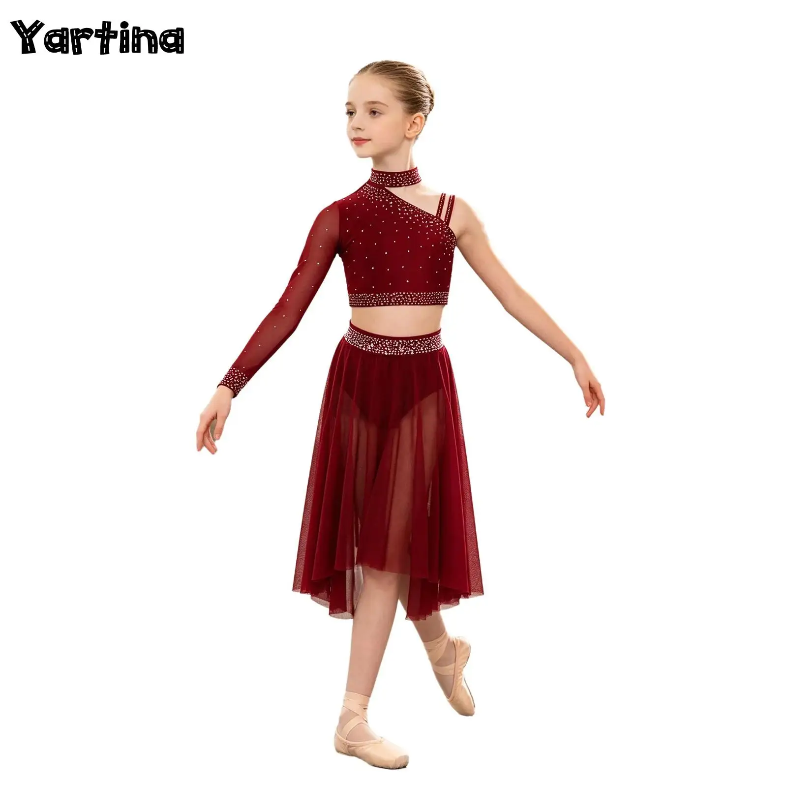 

Kids Girls Ballet Lyrical Dance Performance Costume Sparkly Rhinestones Crop Top with Side Slit High-Low Irregular Mesh Skirt