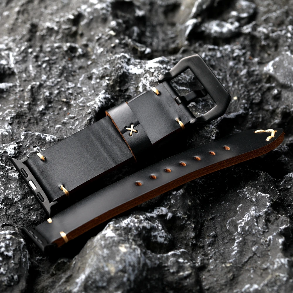 Handmade Black Genuine Leather Watchband For Iwatch Apple Watch Ultra 2 S9 S8 49mm 45mm Tough Guy Leather Thickened
