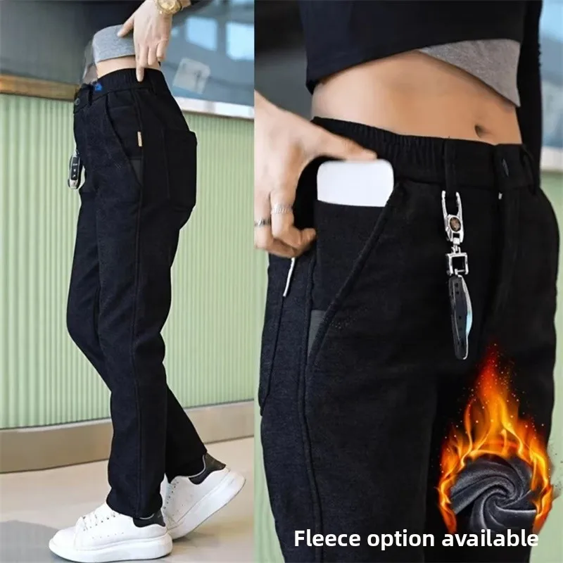 

Thickened Fleece Warm Casual Pants Men's Mid-aged Grey Thick Winter Straight Leg Business Gentleman Style Polyester Cotton Blend