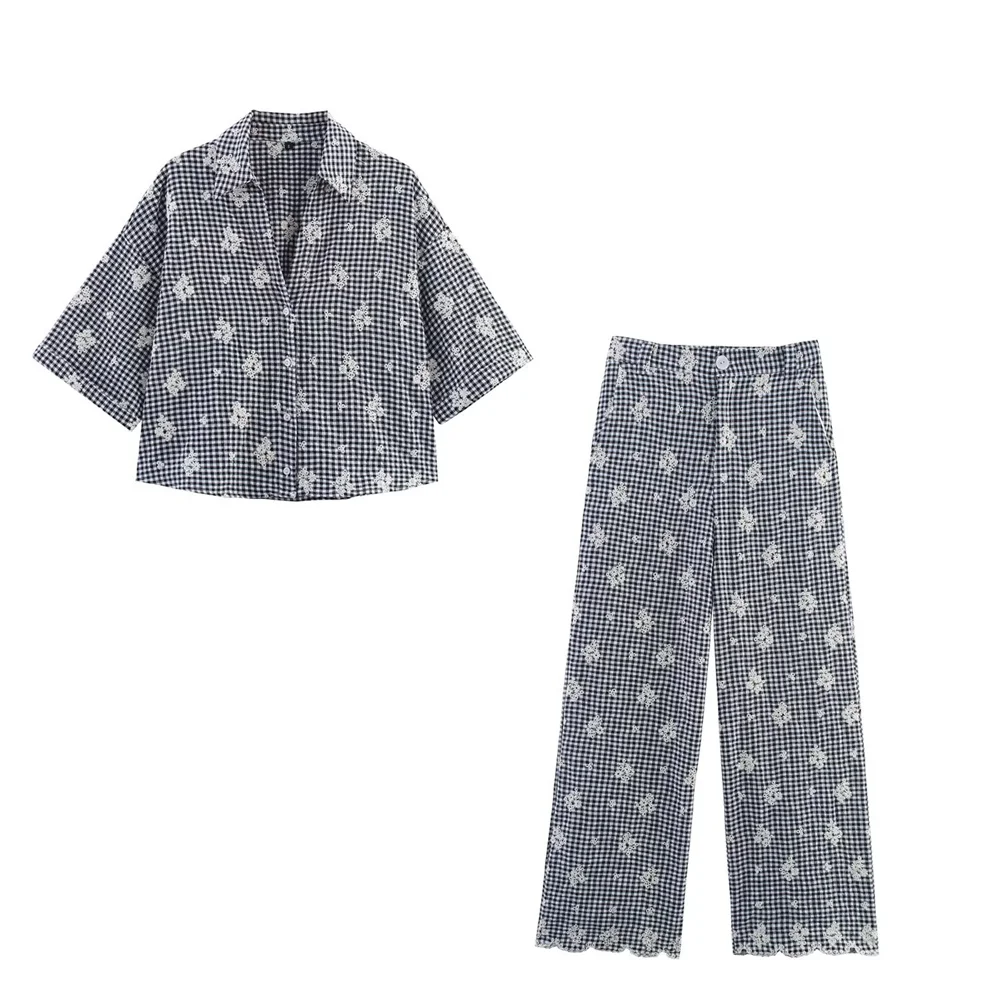 

Women Set 2025 New Fashion Embroidered Plaid Top and Wide Legs Trousers Set for Women Summer Casual Chic Ladies Suit