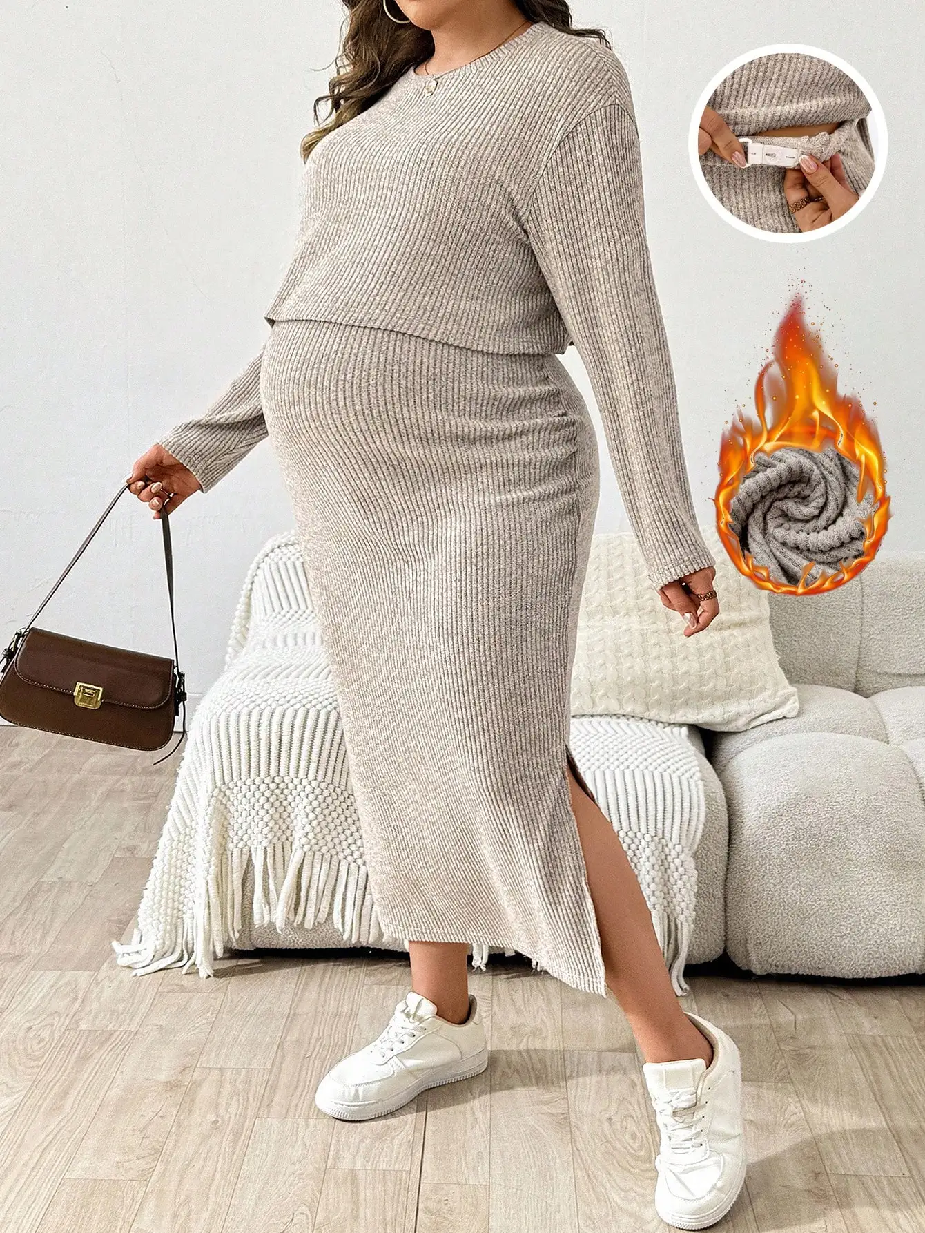 

Комплект для беременных больших размеров: трикотажный топ с длинным рукавом и юбка миди с регулируемой талией