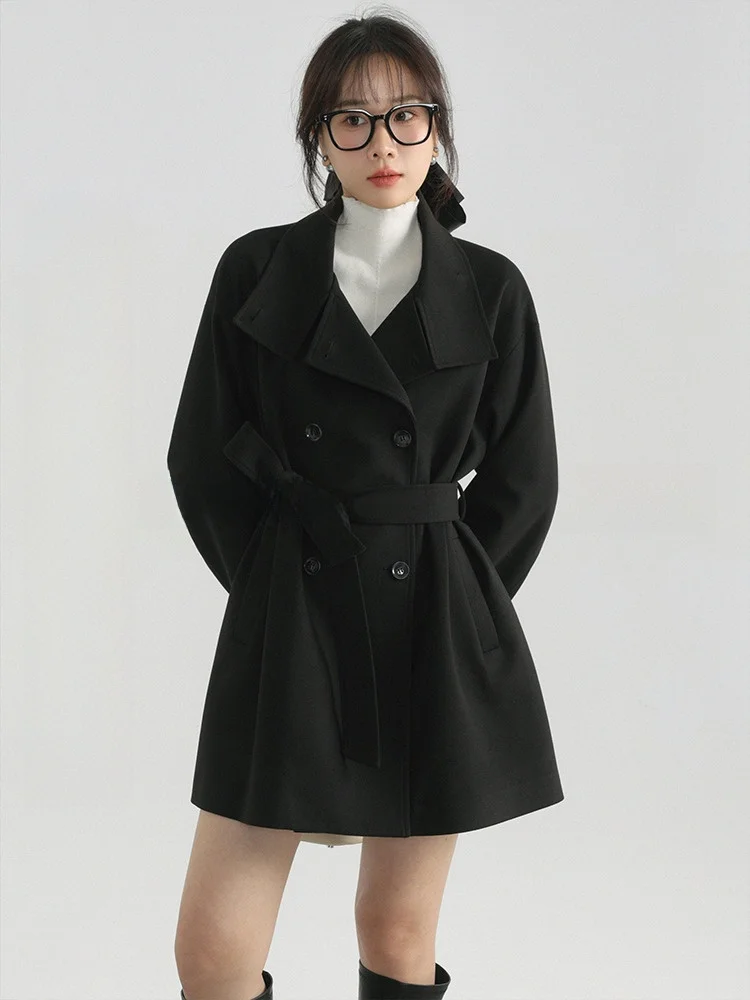 

Двубортное шерстяное пальто с кроликом для женщин, осень-зима, с застежкой на талии, кактное полиэфирное волокно, чистый цвет