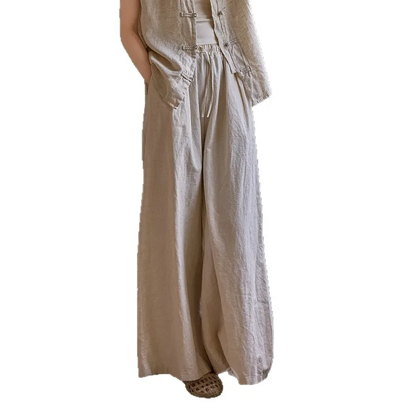 Jesienne lniane spodnie: cienkie, z elastyczną talią, luźne, wyszczuplające, uniwersalne damskie spodnie typu palazzo