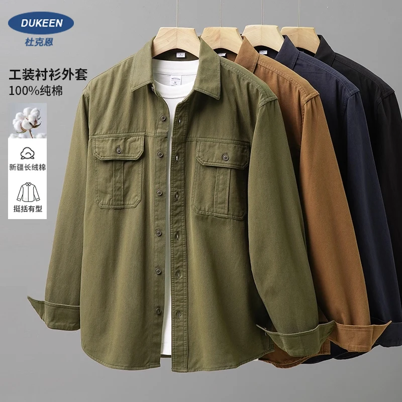 DUKEEN Heavyweight Workwear Overshirt for Men Spring and Autumn Vintage Style 100% Cotton Casual Twill Utility Shacket