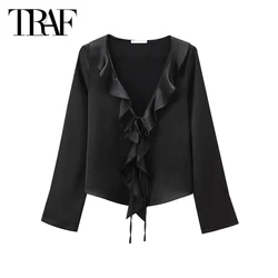 TRAF Black Women Shirts&Blouses 2024 Spring Autumn Long Sleeve Butterflt Lace-Up Shirt Ladies Fashion Casual Elegant Ruffled Top