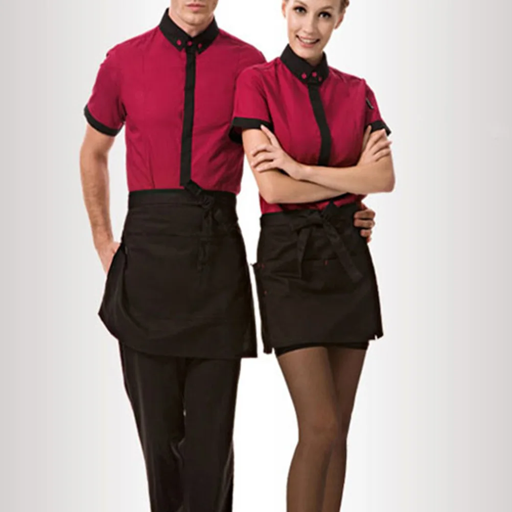 

Waterproof Working Apron Kitchen Waiter Party Serving Cooking Polyester Cotton Short Aprons With Pockets For Home Cafe
