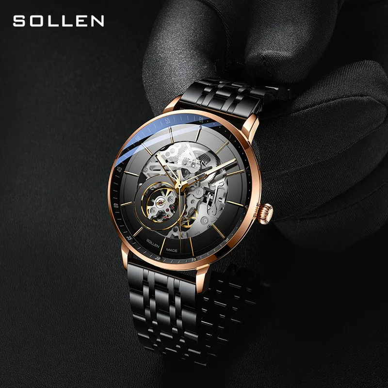 SOLLEN Brand New High-end Luxury Tourbillon Mechanical Watch for Men Stainless Steel Fashion Automatic Skeleton Watches Mens