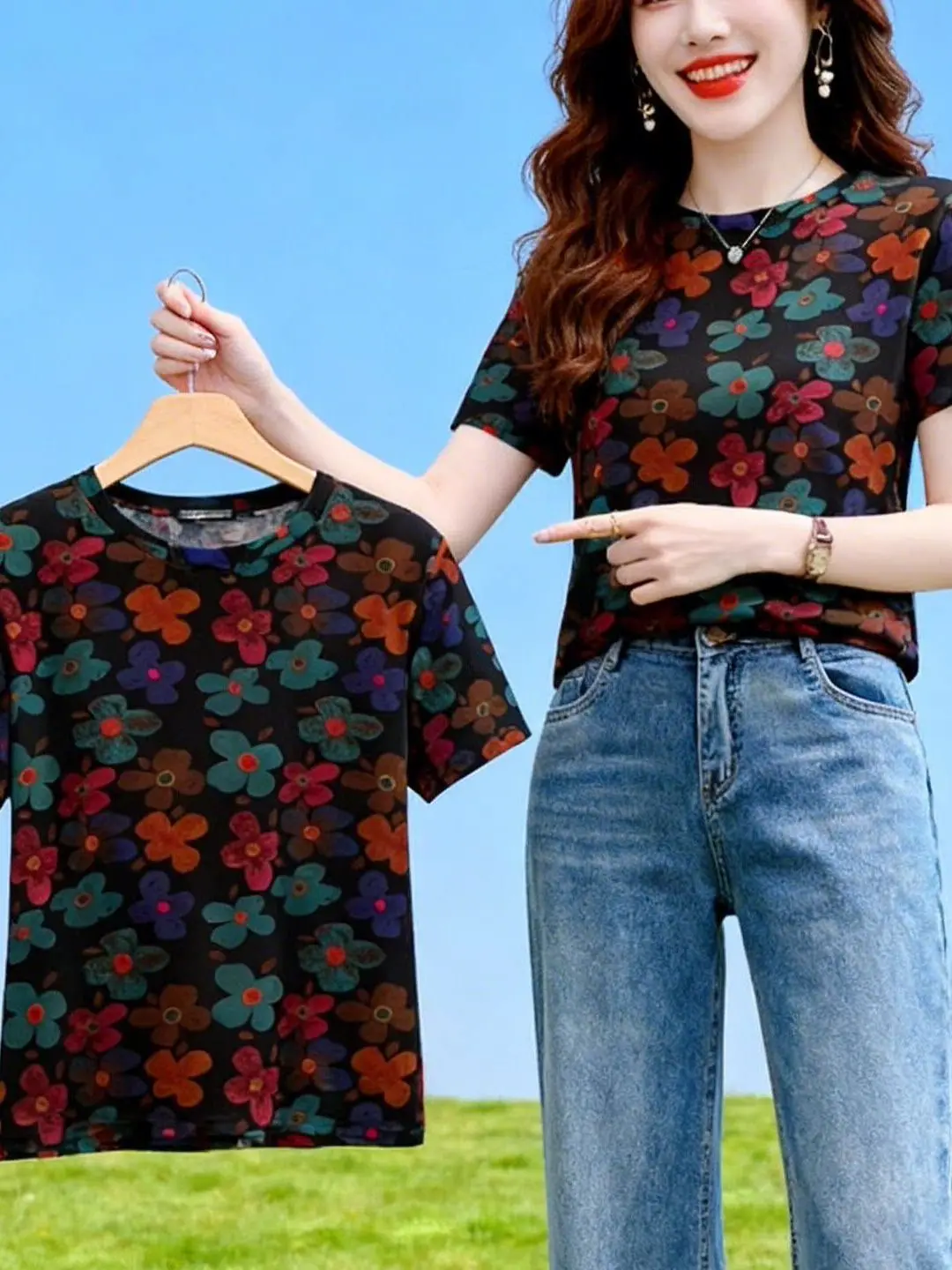 

Fashionable Short Sleeve T-Shirt Women's Loose Korean Style Printed Top Mom's Casual Wear Polyester Fiber round Neck Body Shirt