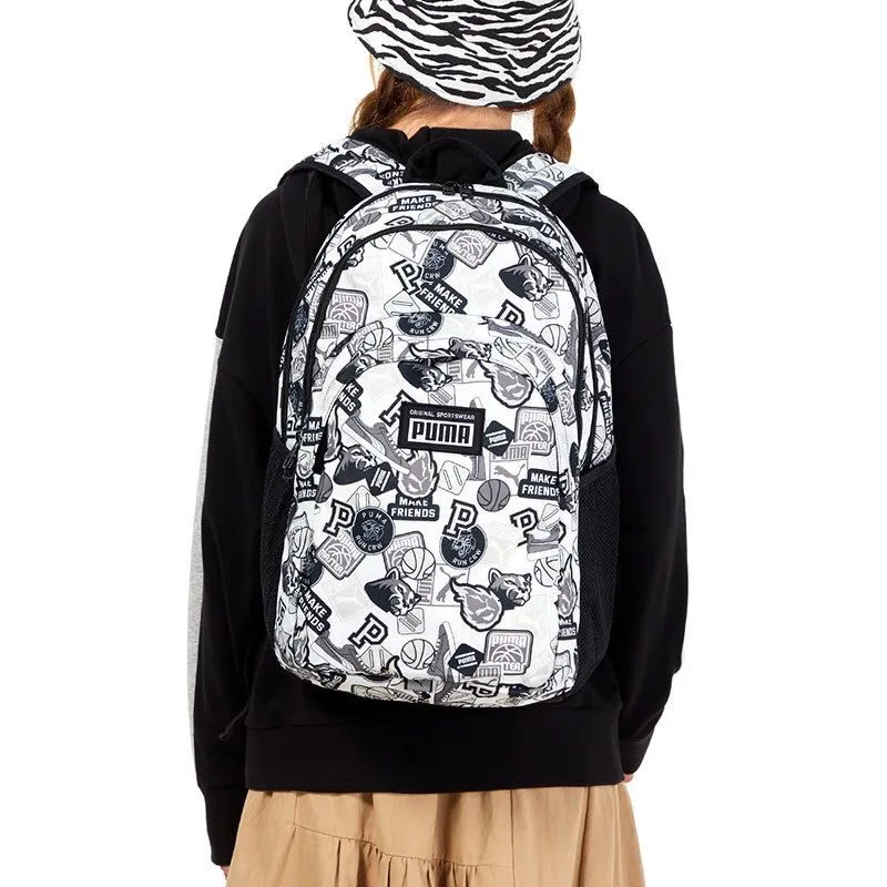 Puma Academy Backpack Black and White Graffiti Full-Print Large-Capacity Student Sports Polyester School Bag Backpack Unisex White 077301-12