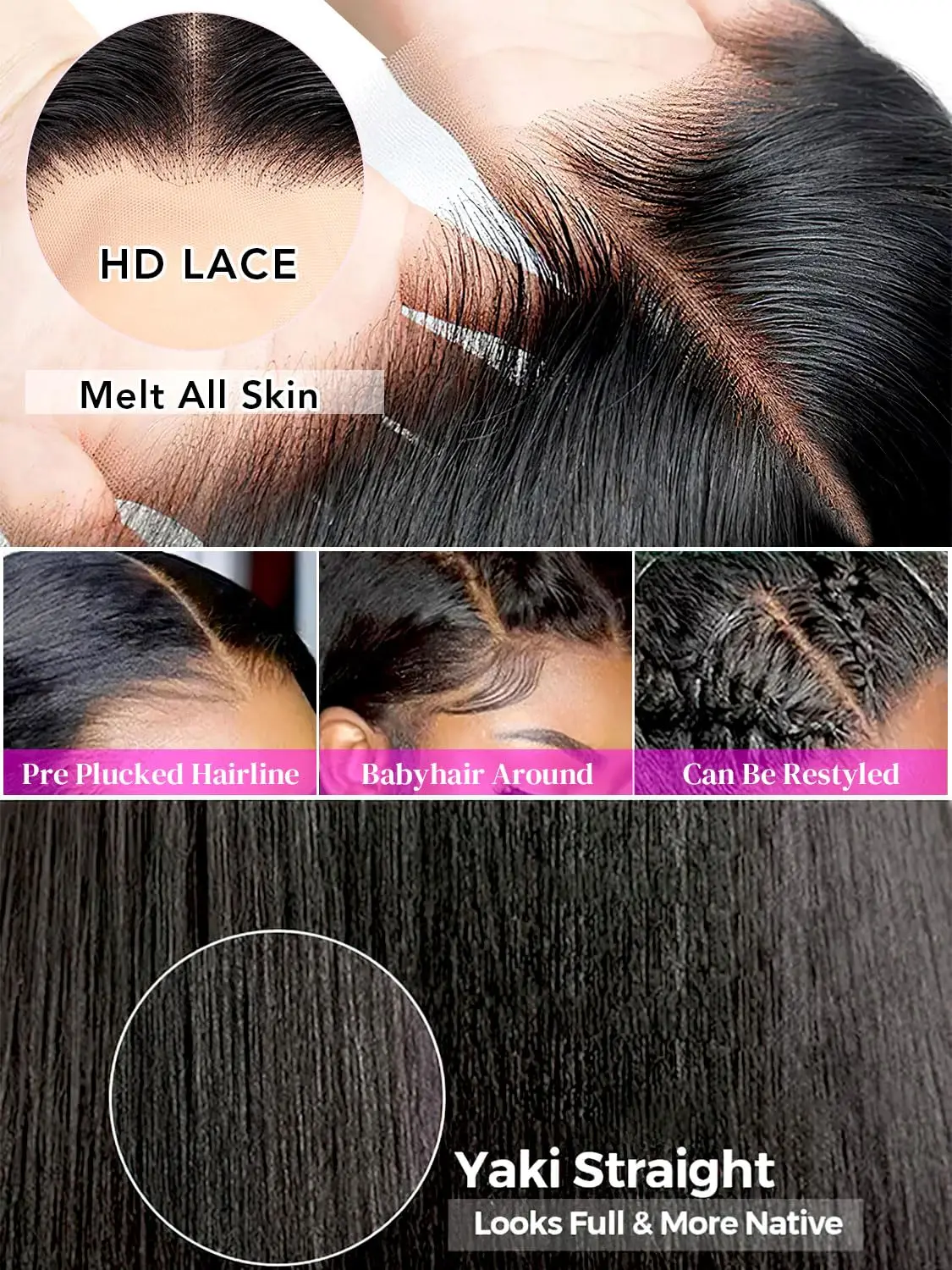 Yaki-Peluca de cabello humano liso de 34 pulgadas, postizo de encaje frontal Hd, 200 de densidad, prearrancado, sin pegamento