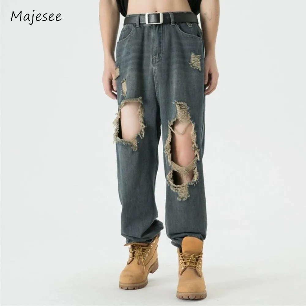 

Jeans for Men American Style High Street Trashy Do Old Retro Hole Design Youthful Advanced Denim Ripped Shabby New Arrival Male