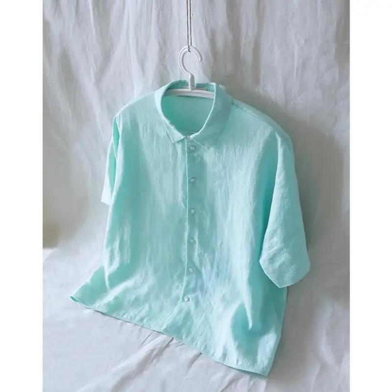 Prachtige Mint een Linen ort Sve irt damestop Super White Enhancing Summer Faion Koreaanse Sle Straight Cut