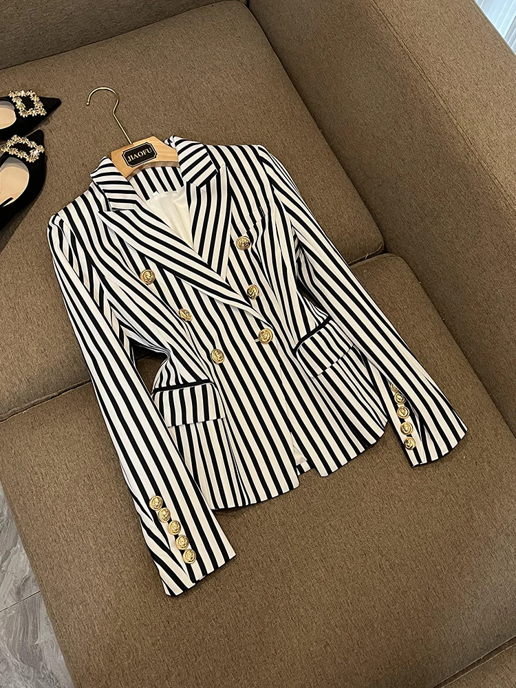 

Женский приталенный пиджак-блейзер A643 с белыми полосками, приталенный на талии, для офиса, длинный рукав, двубортный пиджак