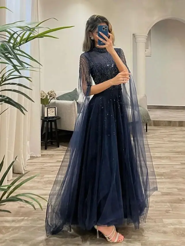 

Linyang Navy Blue Gauze High Collar Sequinned Waisted Elegant Formal Evening Prom Bridesmaid Party Long Dress for Women 2023