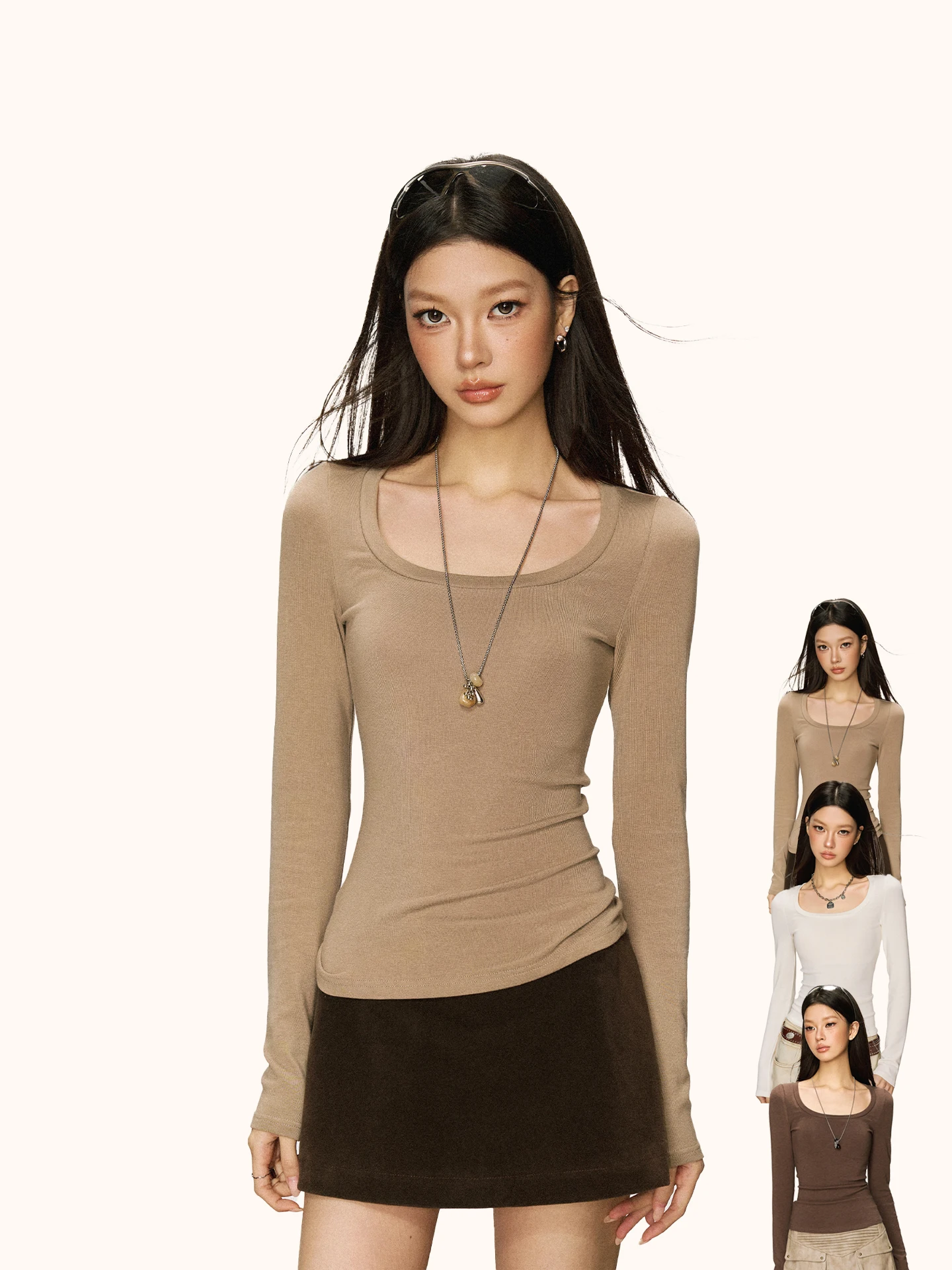 

Retro American Cherry Melody Long Sleeve U-Neck T-Shirt Women's Base Shirt Slimming Versatile Top Cotton Spandex Blend