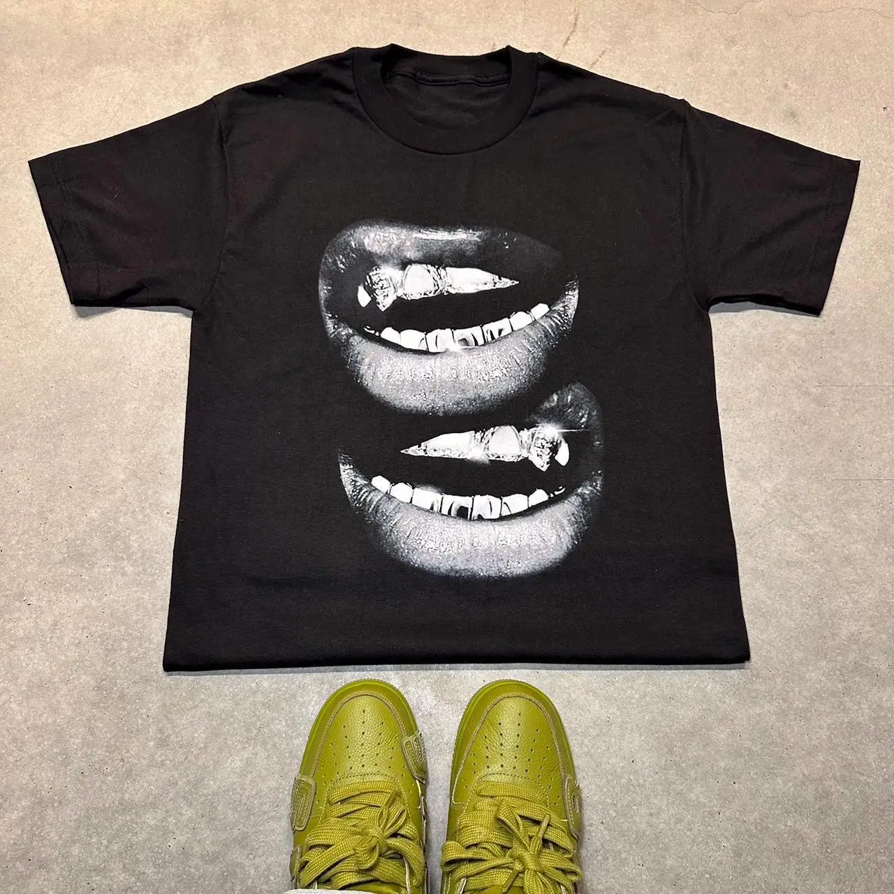 Grin Fang Mouth Garment Dyed Boxy T Shirt Opium Y2K Fashion Streetwear Unisex Men Women Cotton Crew Neck