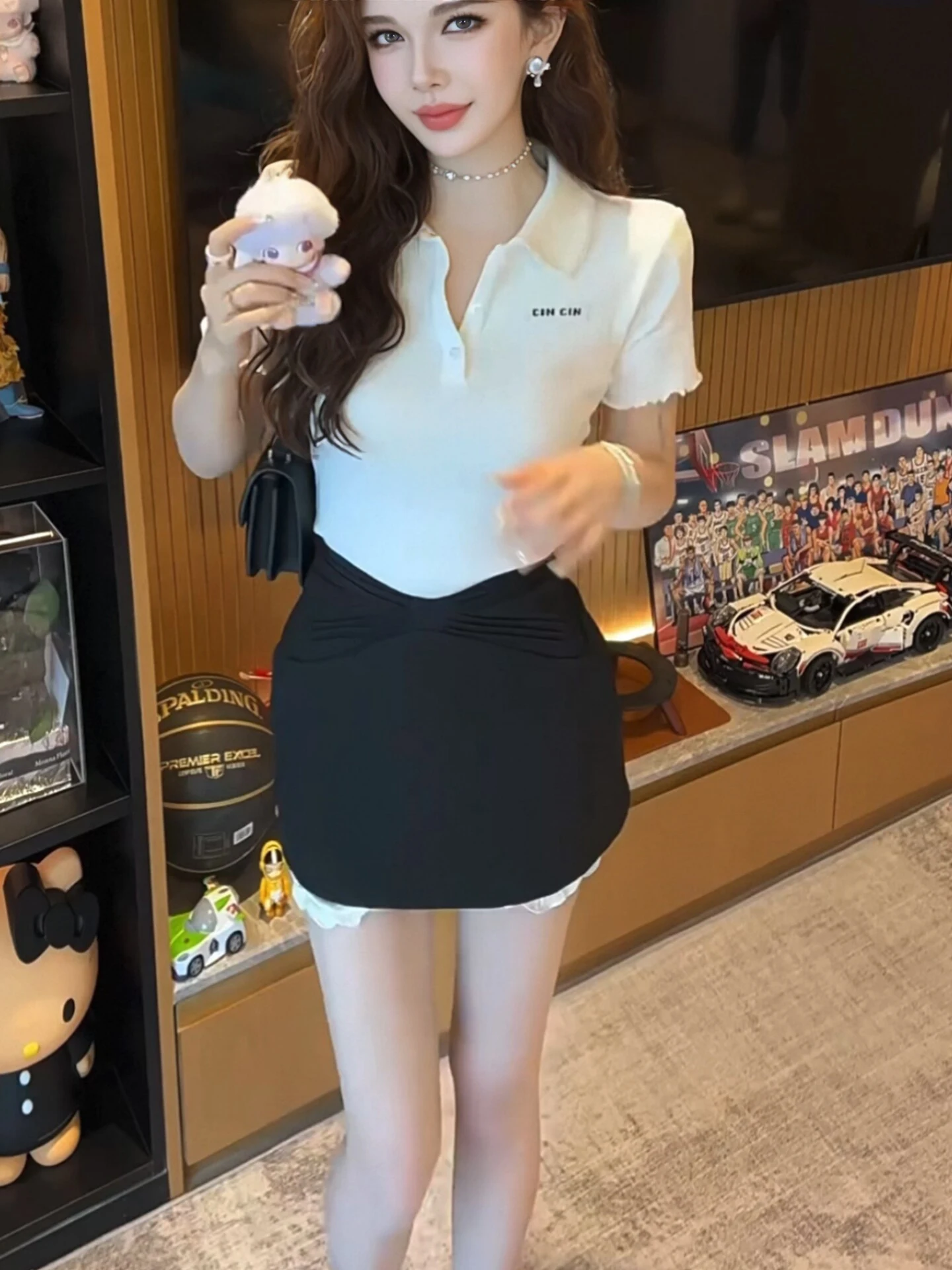 

Korean Style Neck Knitted Top Women's Summer Fashion Casual Hollow out Short Sleeve Pure Desire Style Soft Polyester Fiber