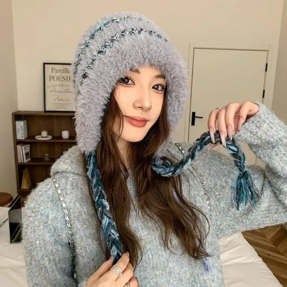

Outdoor Thickened Knitted Warm Hat Plush Colorful Fluffy Fleece Hat Winter Breathable Ear Protection Cap Sports Cap