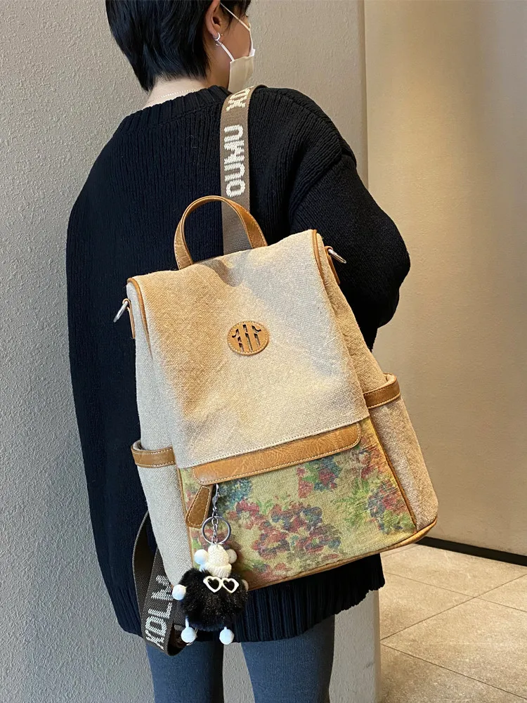 Linen Canvas Backpack Lightweight Retro Women's Guochao Ethnic Style Floral Tie-dye Anti-theft Single Shoulder Travel Schoolbag